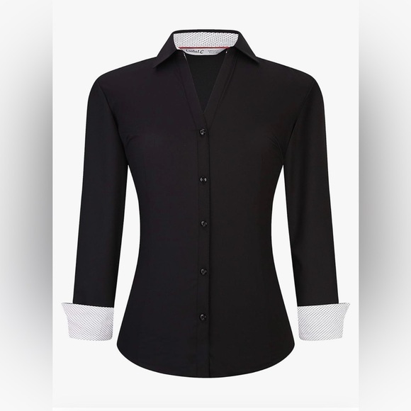 NWT Woman’s Button Down Long Sleeve Stretch Work/Dress Black Shirt White Cuffs - Picture 1 of 4